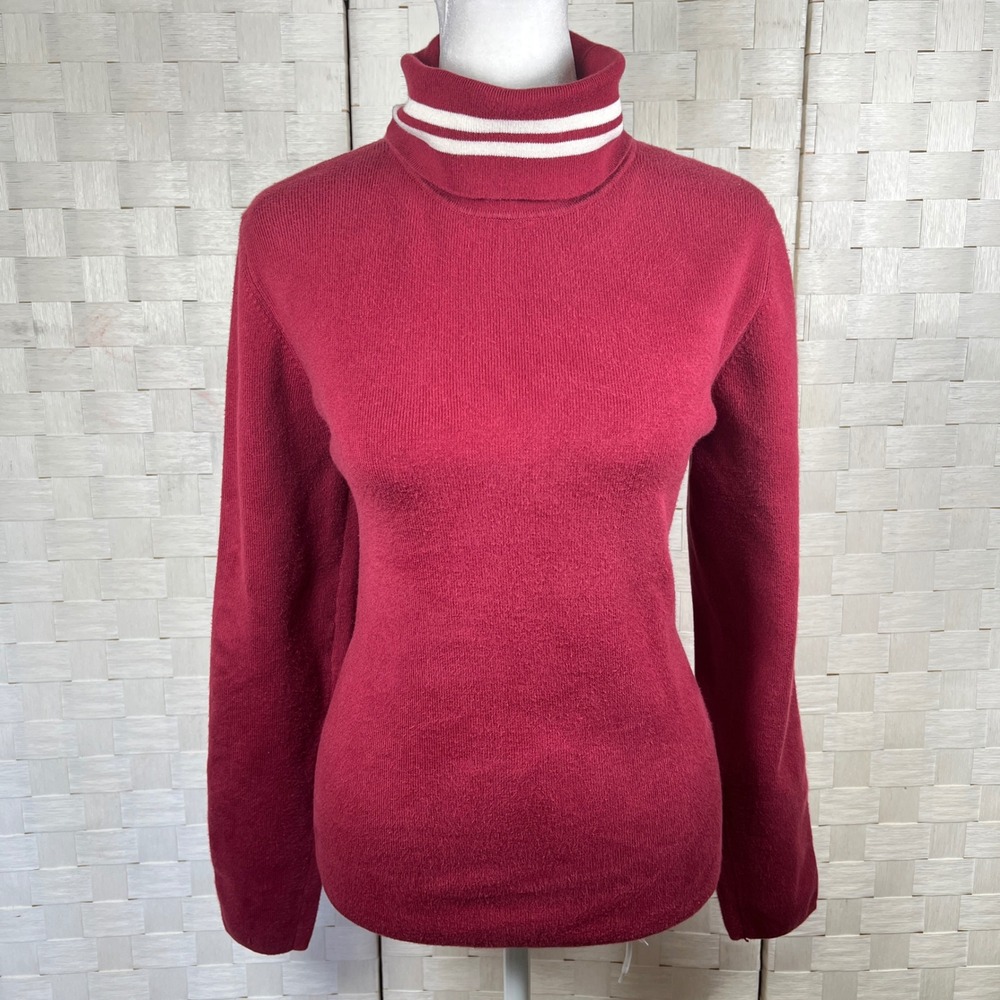 Vtg Womens Burgundy Red Striped Turtleneck‎ Sweater Sporty Ribbed Knit Large 90s